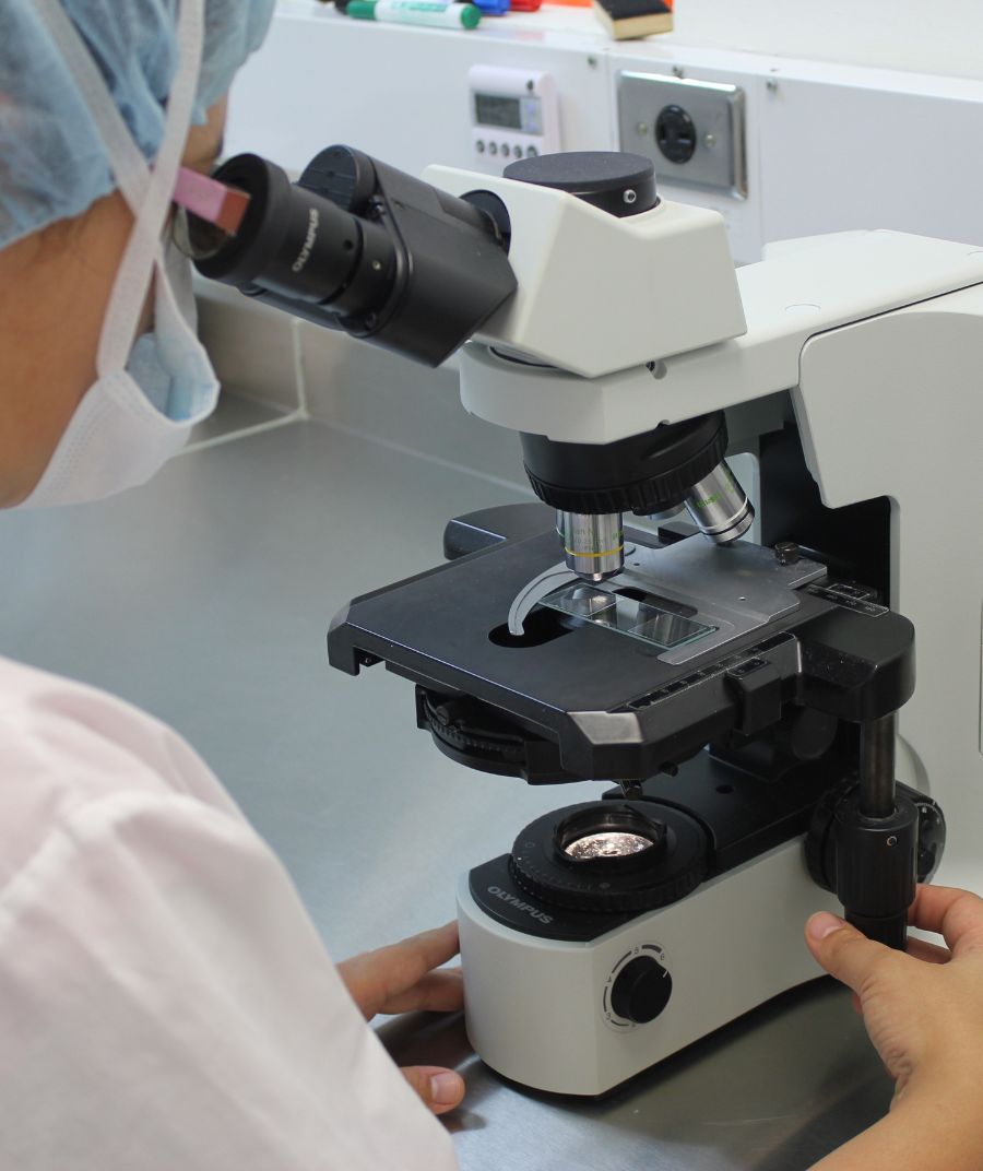 a veterinary tech working on a microscope